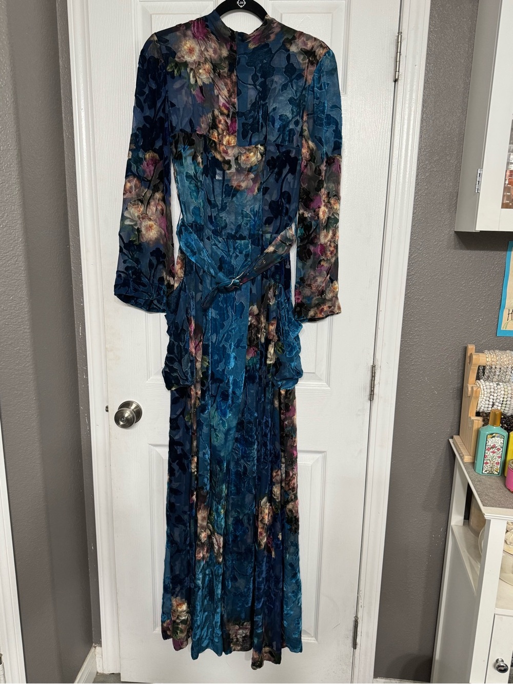 Alberta Ferretti Teal Blue Floral Velvet Maxi Dress sz 40